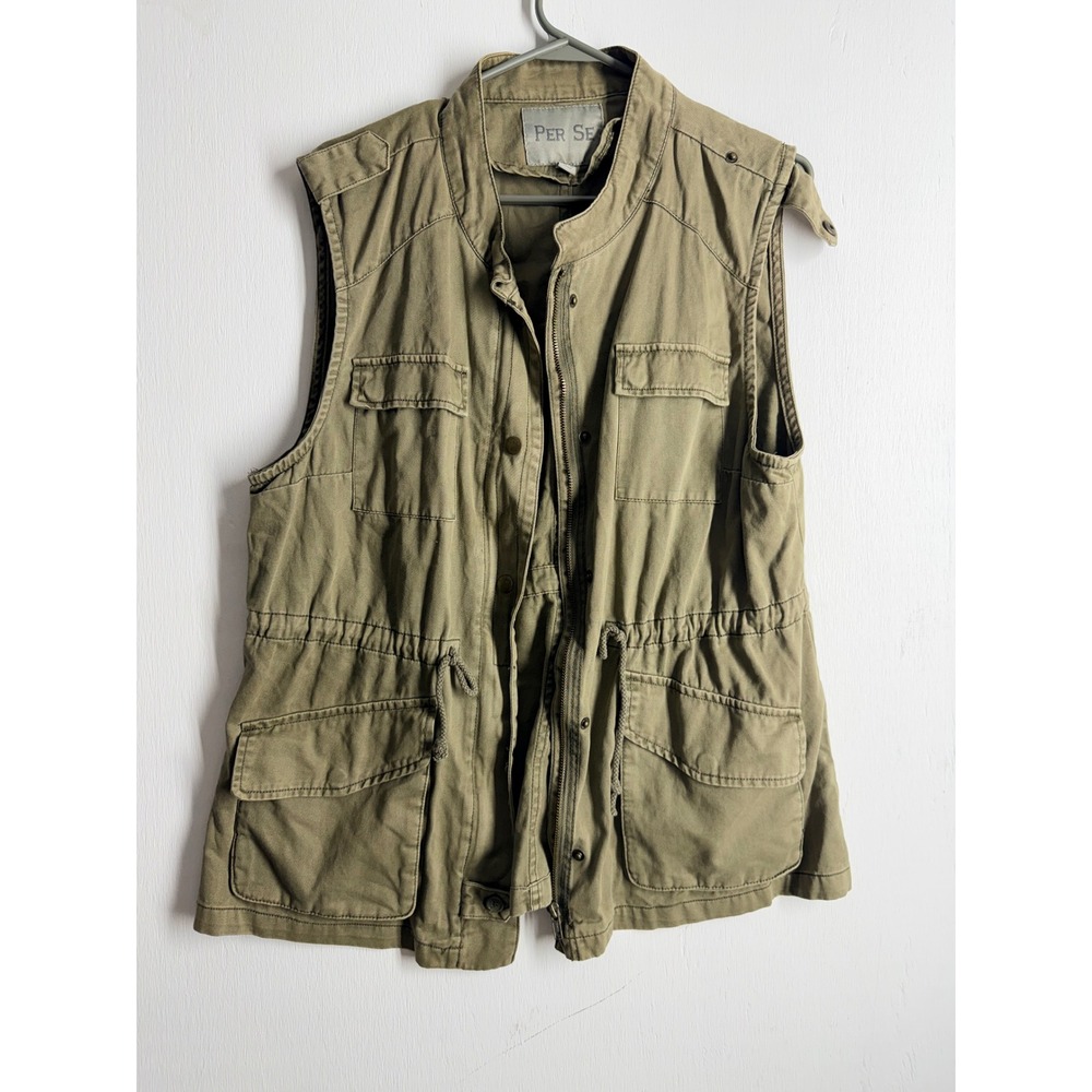 Per Se Olive Green Utility Vest Womens XL Military Safari Cargo Field Jacket Zip